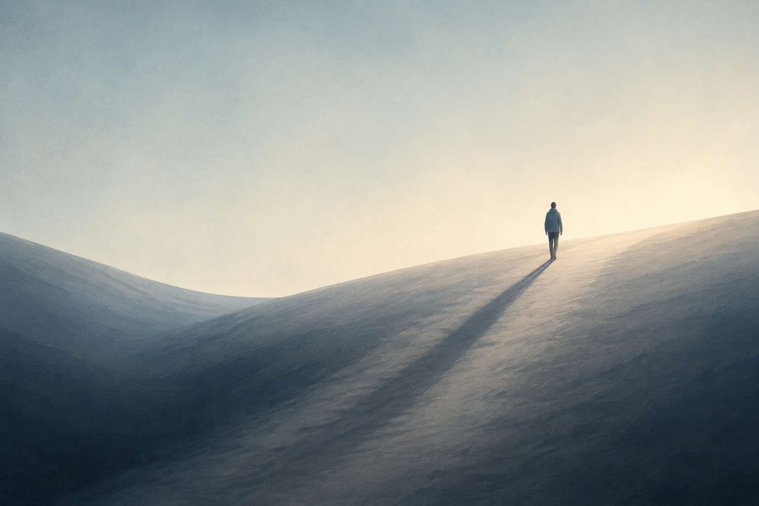 A solitary figure walks up a softly lit slope while a long shadow extends behind them into a darker valley.