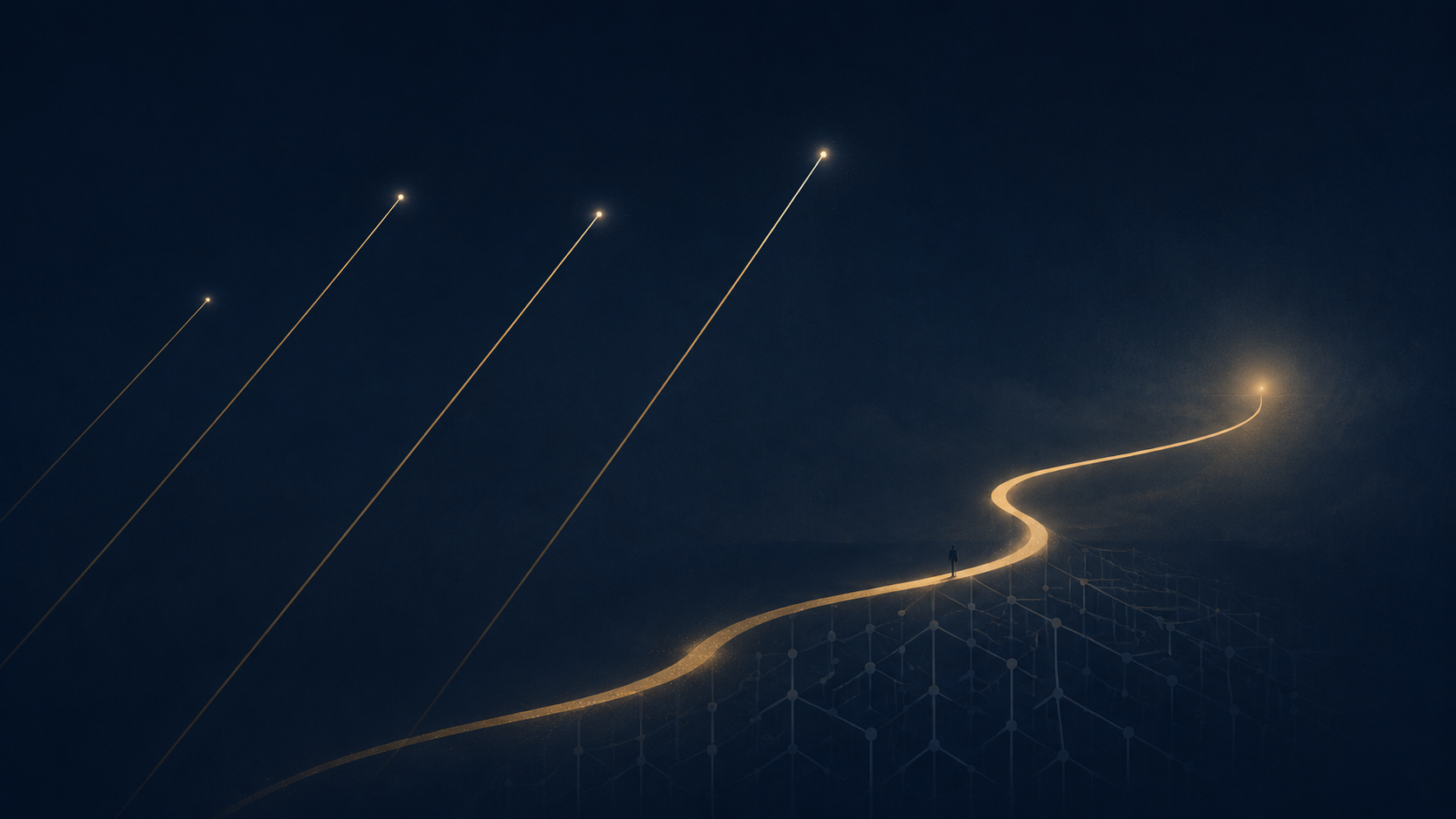 A solitary figure follows a winding golden path supported by an unseen foundation, while several straight paths rise quickly in the distance.