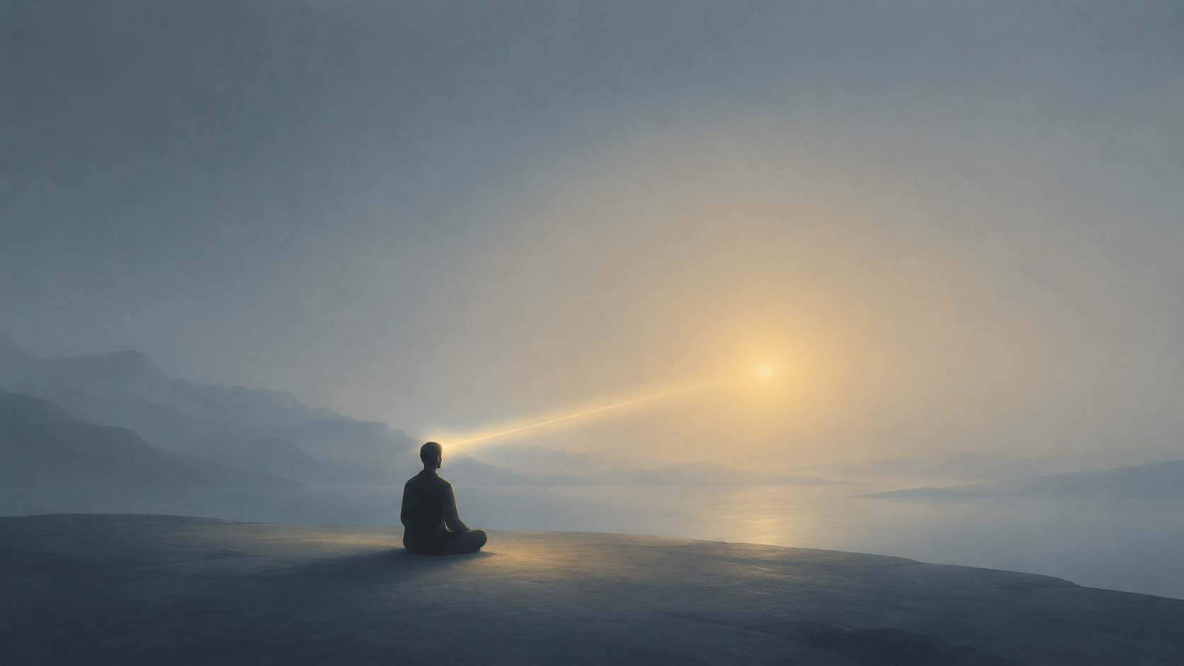 A solitary figure meditates before a soft golden light, with a subtle beam illuminating the figure's head against a muted blue-grey background.
